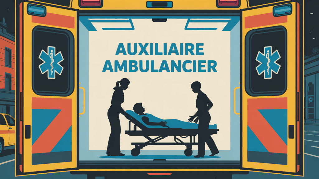 auxiliaire ambulancier aide patient devant ambulance urbaine