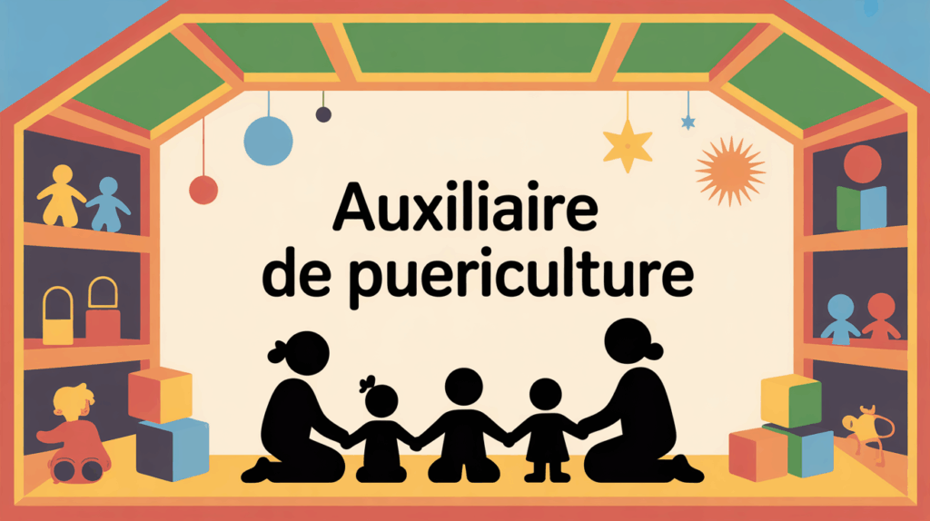 Scène d’auxiliaire de puériculture en crèche ambiance chaleureuse