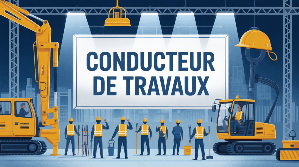 conducteur de travaux chantier moderne silhouettes gilets jaunes
