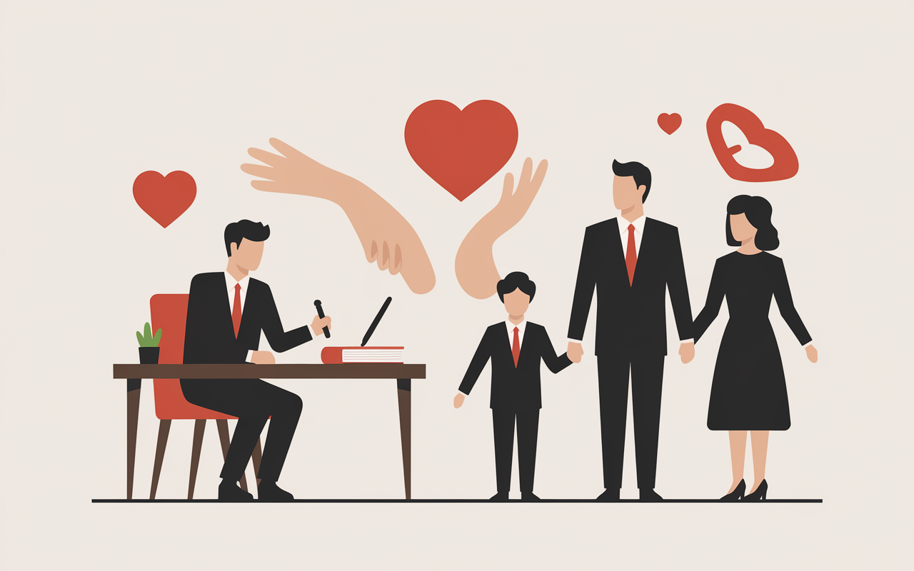 Notaire authentifiant document, symbole de confiance, famille en silhouette