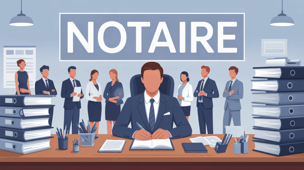 Bureau de notaire moderne, piles de dossiers, sceau, ambiance professionnelle