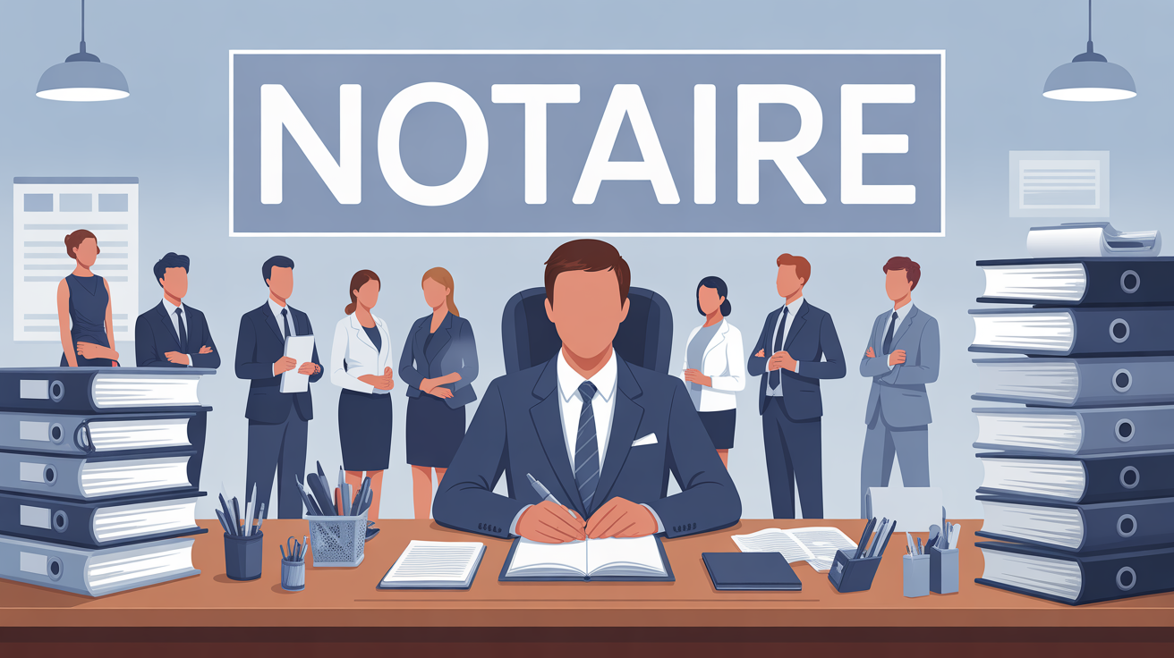 Bureau de notaire moderne, piles de dossiers, sceau, ambiance professionnelle