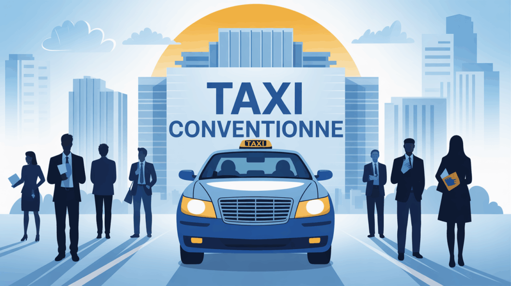 Illustration taxi conventionne bleu blanc devant CPAM