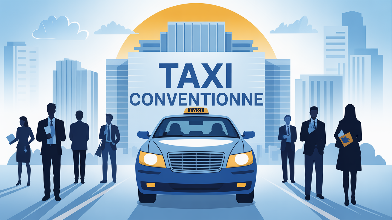 Illustration taxi conventionne bleu blanc devant CPAM