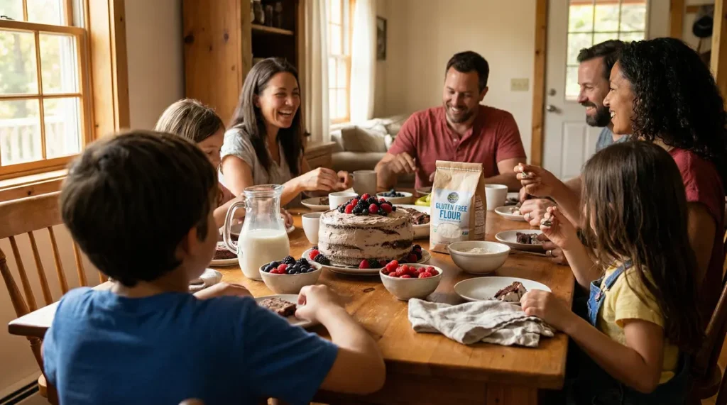 Table conviviale avec gâteau vegan sans gluten moelleux et ambiance chaleureuse