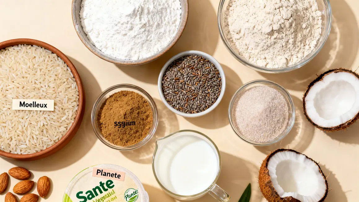 Ingrédients vegan sans gluten bien disposés avec étiquettes moelleux santé planète