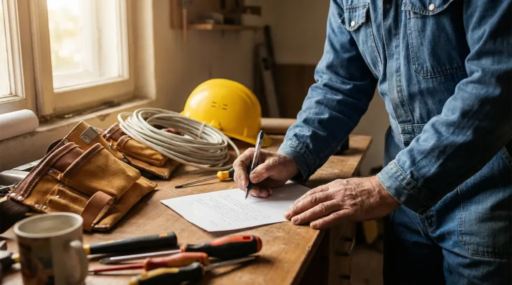 Électricien écrivant une lettre de motivation sur un bureau outils
