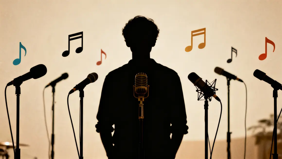 Silhouette devant micros et notes de musique