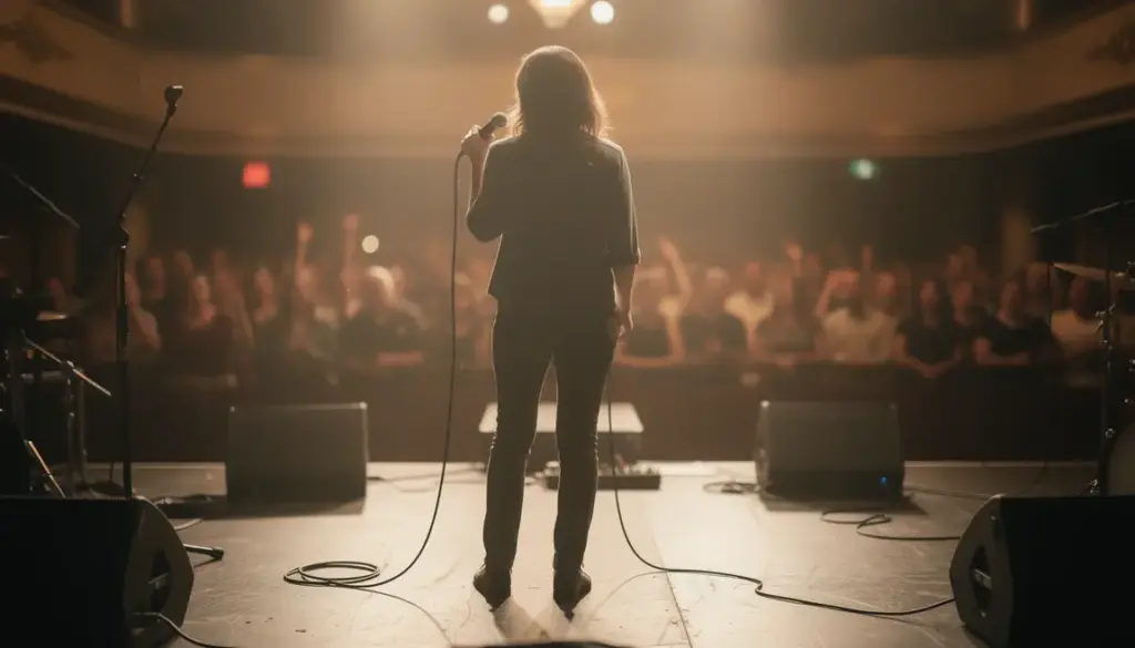 Chanteuse sur scène éclairée devant public