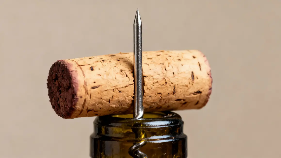 Tire-bouchon à aiguille inséré sur vin vintage capsule retirée