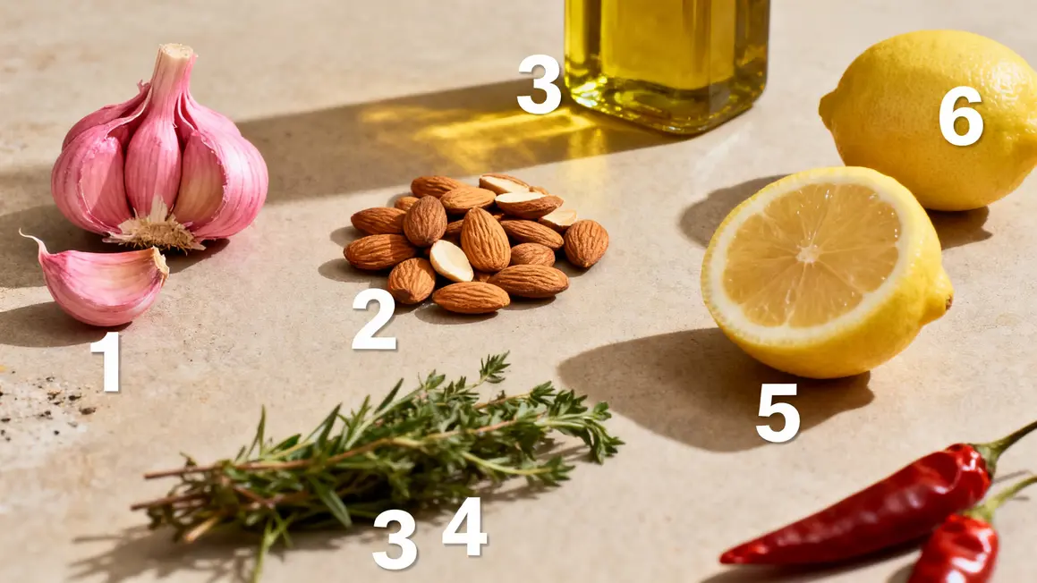 Ail rose, amandes, huile, citron, herbes, piment ingrédients recette