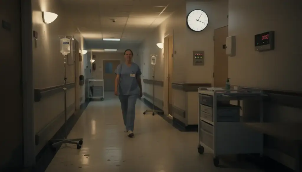 Aide soignant nuit couloir hôpital silhouette minuit