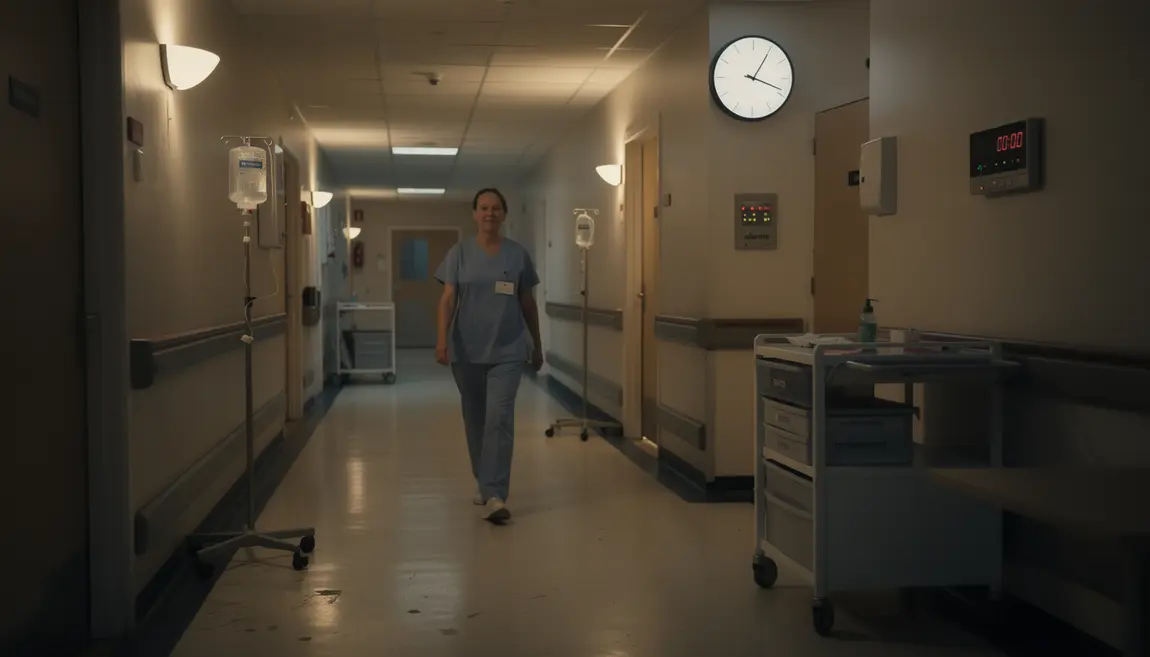 Aide soignant nuit couloir hôpital silhouette minuit