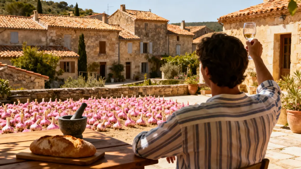 Village Sud-Ouest, champs d'ail rose, tradition Tarn