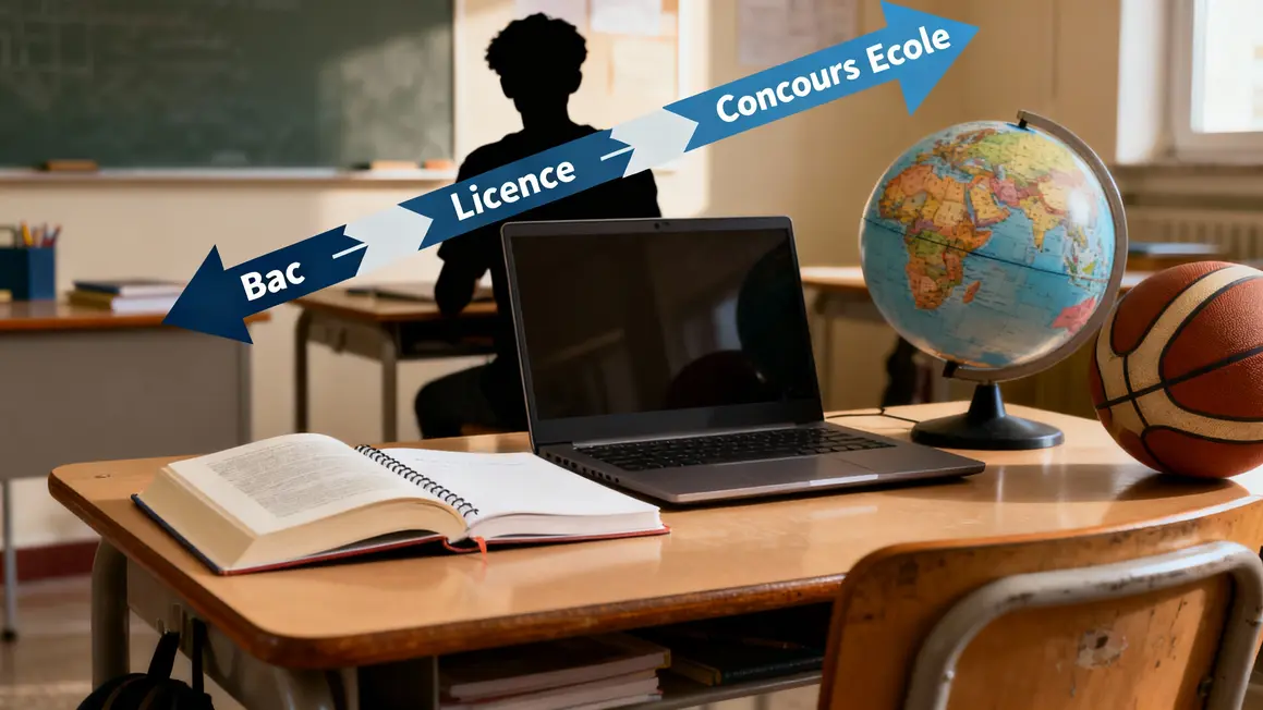 Étudiant devant parcours, études, sport