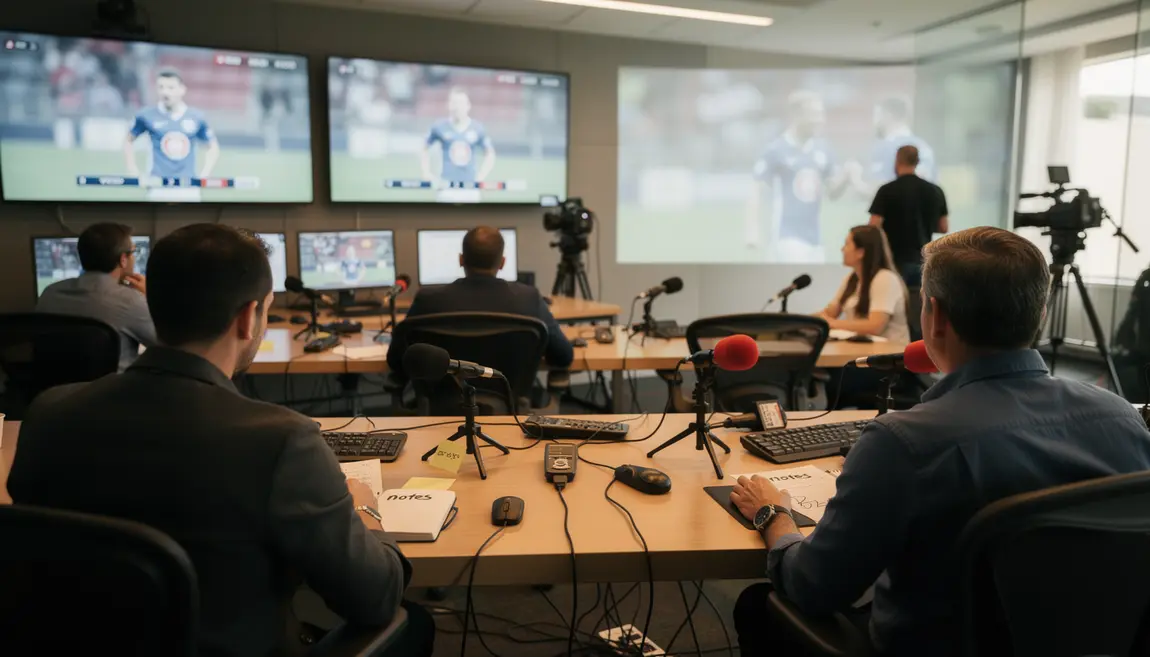 Salle de presse, journalistes, sport en arrière-plan