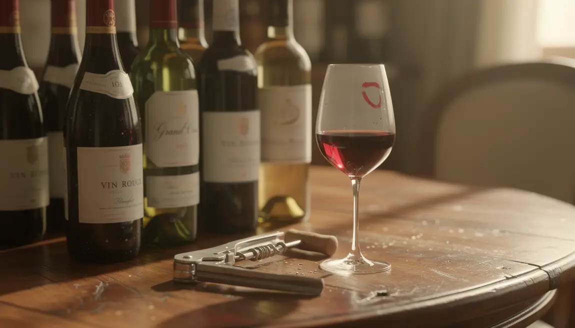 Ambiance élégante, tire-bouchon à aiguille posé avec vin premium