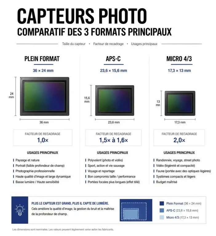 Comparatif des tailles de capteurs pour appareil photo : Plein Format, APS-C et Micro 4/3