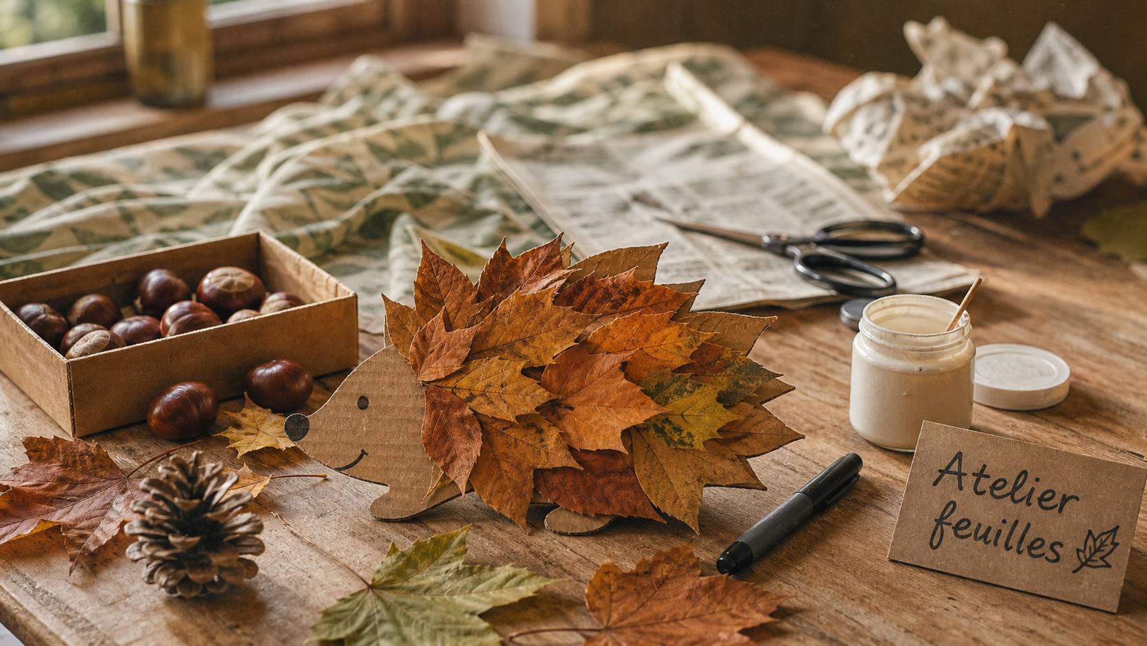 Activité manuelle automne : hérisson avec feuilles, marrons et pommes de pin