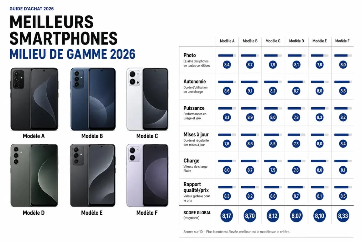 Comparatif du meilleur smartphone milieu de gamme avec six modèles et leurs نقاط forts