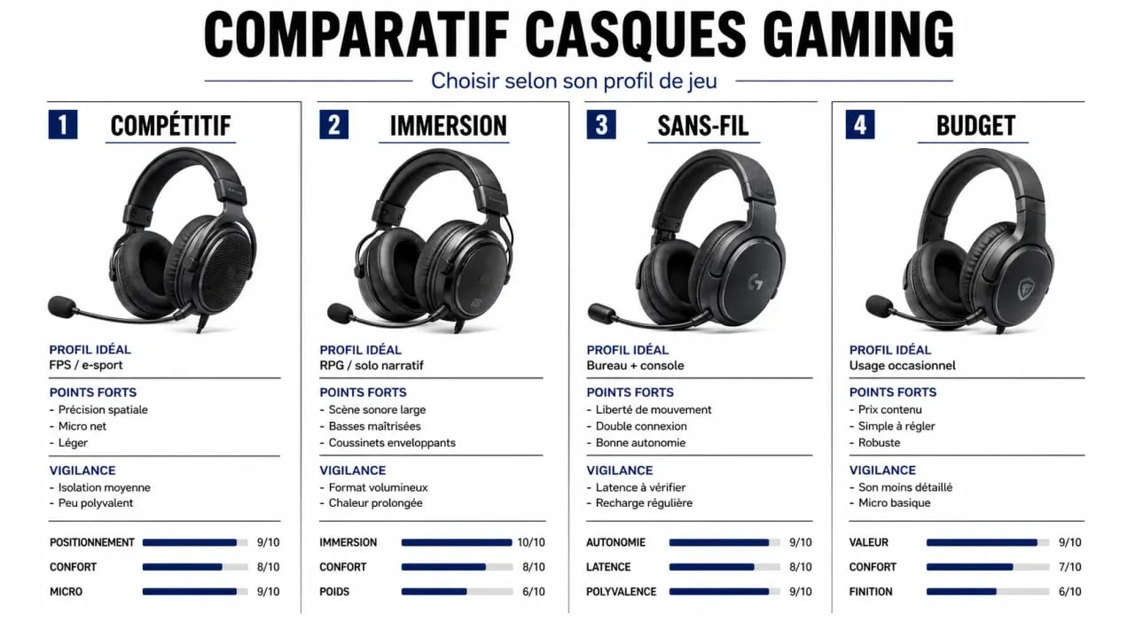 Casque gaming comparatif : comparaison visuelle des meilleurs modèles selon le profil, les points forts et les points à surveiller