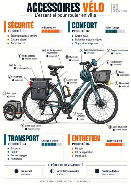 Accessoires vélo : infographie des équipements de sécurité, confort, transport et entretien