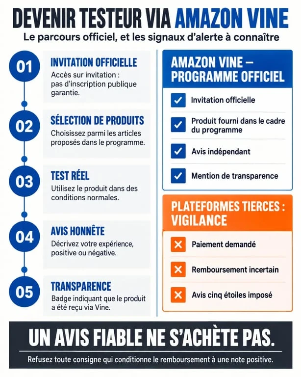 Devenir testeur Amazon : étapes du programme Amazon Vine et différences avec les plateformes tierces