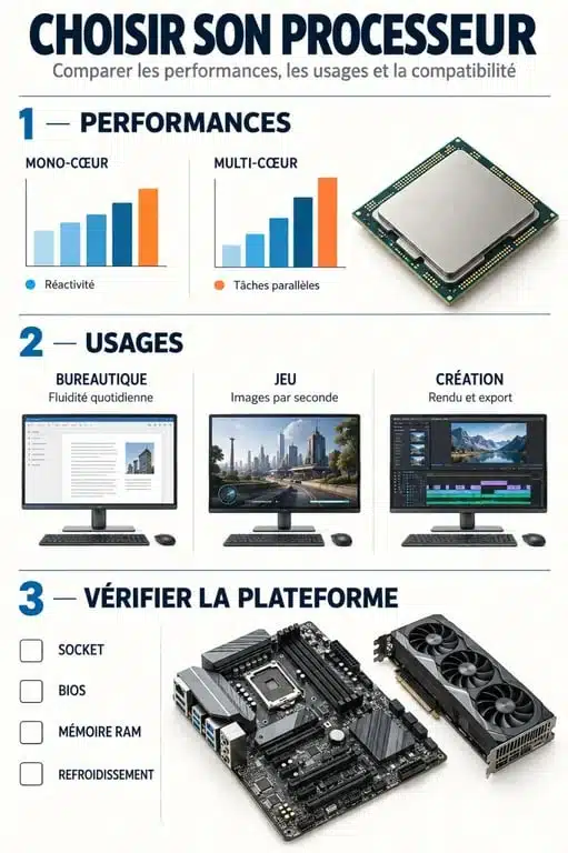 Infographie de comparatif processeur selon les performances, les usages et la compatibilité de la plateforme