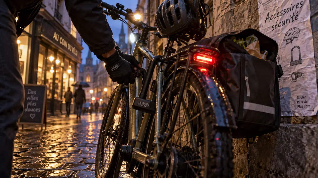 Velo accessoire sécurité et confort pour vélo urbain : feu arrière, antivol, sacoche