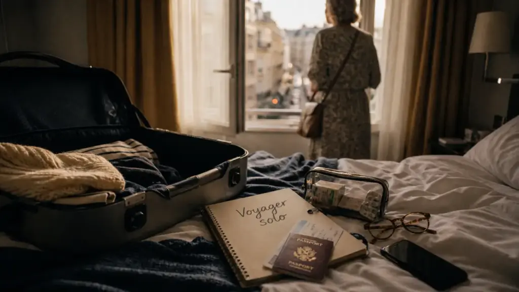 Voyager seule femme 50 ans : valise, passeport, carnet de voyage, sécurité